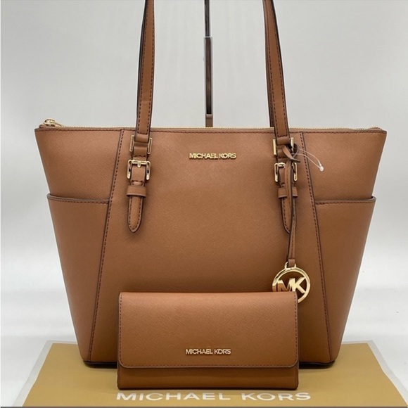 Michael Kors Large Charlotte Tote Bag & LargeTrifold Wallet Luggage Brown